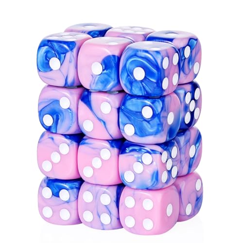 24 Piece Dual-Tone Round Corner 16mm dice 6 Sided dice d6 dice Set for DND, MTG, Tenzi, Farkle, Bunco, Card Gaming & Math Learning with Portable Storage Pouch(Pink-Blue) - color: 16mm-pink&blue