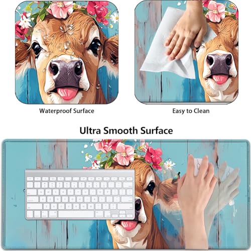 Large Gaming Mouse Pad+ Keyboard Wrist Rest Set, Ergonomics Memory Foam Mouse Mat Wrist Rest Support for Home Office, Waterproof Extended Mousepad 31.5x11.8in, Cute Cow Desk Pad - color: Yvb-mousepad-9-f-157