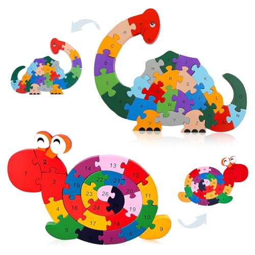 LovesTown Wooden Puzzles, Snail & Dinosaur, Double-Sideld | Alphabet & Number Learning, Montessori Toy, for Kids, Shape Recognition, Fine Motor Skills, Screenless Play