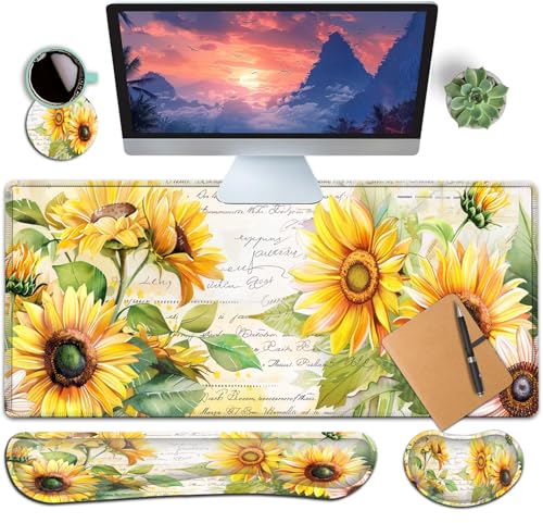 Large Gaming Mouse Pad+ Keyboard Wrist Rest Set, Ergonomics Memory Foam Mouse Mat Wrist Rest Support for Home Office, Waterproof Extended Mousepad 31.5x11.8in, Sunflower White Desk Pad - color: Yvb-mousepad-9-f-161
