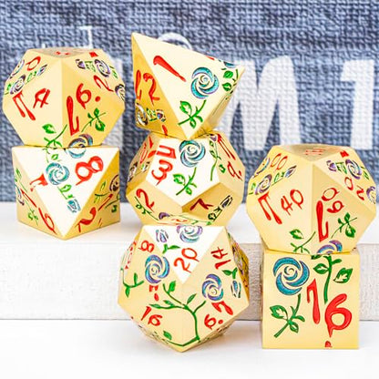 Gothic DND Dice Set Bleeding Rose Metal D and D Dice for use with Dungeons Dragons D&D Role Playing Game, Purple Green RPG Polyhedral Dice Set D20 D12 D10 D8 D6 D4 - color: Purple Green&gold&red Numbers
