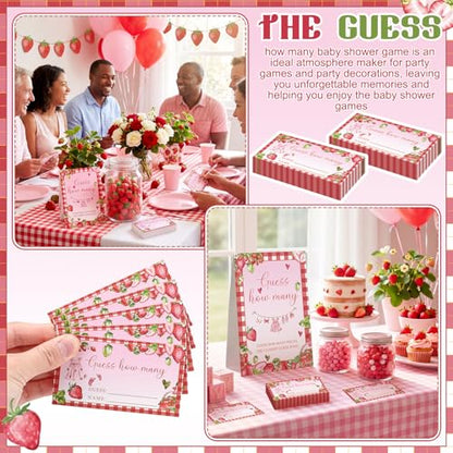 Strawberry Sweet Guess How Many Baby Shower Game Pack of 1 Tabletop Sign with Stand and 50 How Many Cards, Berry Sweet Gender Reveal Party Game Decorations - style: Strawberry