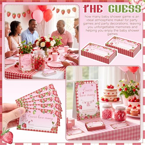 Strawberry Sweet Guess How Many Baby Shower Game Pack of 1 Tabletop Sign with Stand and 50 How Many Cards, Berry Sweet Gender Reveal Party Game Decorations - style: Strawberry
