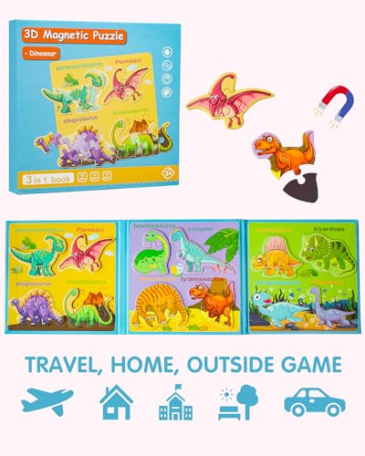 Magnetic Puzzles for Toddlers 2-4, Travel Puzzles Games for Kids Ages 1-3, Dinosaur Activities Toy Wooden Jigsaw Puzzles Book for Boys & Girls 1 2 3 4 5, Learning Magnet Gift for Road Trip (Dinosaur) - style: Dinosaur