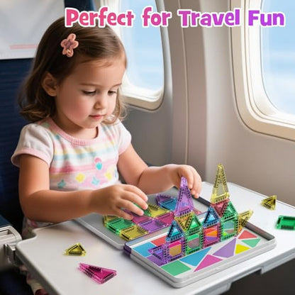 WMDXU Mini Magnetic Tiles Girls: Travel Building Set with Iron Box for 3+ | 42PCS On-the-Go Travel Toy, Strong Magnets Hold Tiles Upside Down without Falling, Iron Box Storage, for Girls 3-8 - style: Mini Magnetic Tiles