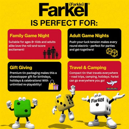Farkel Party Classic Dice Game | Official Licensed Farkle Set | 36 Dice, 6 Cups, Score Sheets & Storage Tin | Travel Dice Game for Family Game Night | 2+ Players, Ages 8+