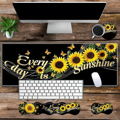 Large Gaming Mouse Pad Set with Wrist Support – 31.5" x 11.8" 4-in-1 XXL Mousepad with Keyboard Wrist Rest, Mouse Wrist Rest & Coaster – Ergonomic Desk Mat for Office, Home – Sunflower - color: Sunflower