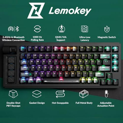 LEMOKEY L1 HE 75% Hall Effect RGB Gaming Keyboard, Full Aluminum Body, Tri-Mode Connectivity, Rapid Trigger & Adjustable Actuation, Hot-Swappable, Web Configurator, with Knob, for Windows and Mac