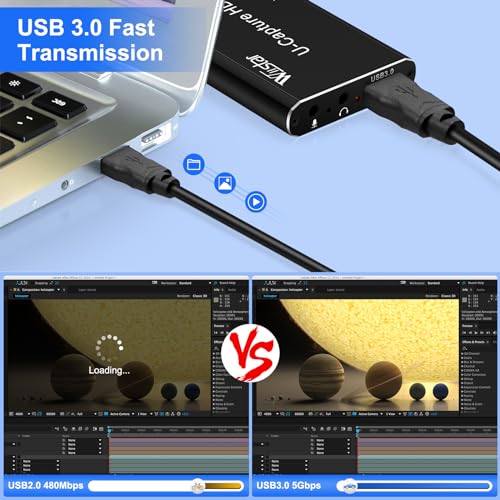 Wiistar Audio Video Capture Card 1080P60fps USB3.0 HDMI Video Recording | Support YUY2 4K30Hz HDMI Loopout with Microphone for Game Recording Live Streaming Compatible with Windows Mac OS System