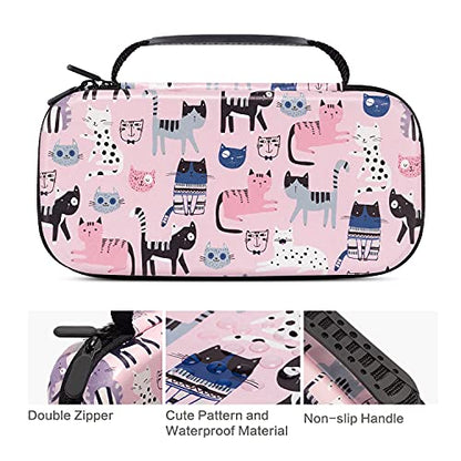 CutebriCase Nintendo Switch Case OLED Model 2021 & 2017, Cat Pink, Hybrid Hard Shell, 16 Game Card Slot, Portable Handle - color: Pink Cats