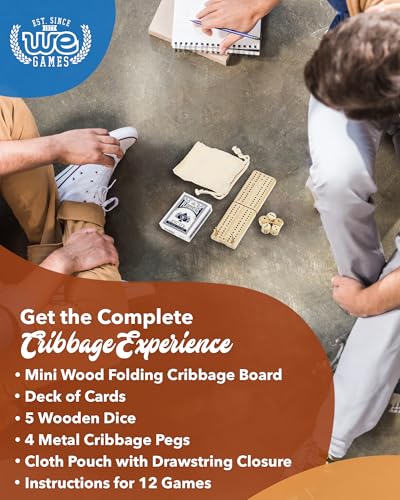 WE Games Travel Cribbage Board Game Set – Foldable 2-Track Mini Wooden Cribbage Board with Cards, Dice, Metal Pegs & Storage Bag – Portable Game (Pack of 2) - size: 7.5 x 2 x 0.5 inches (Pack of 2)