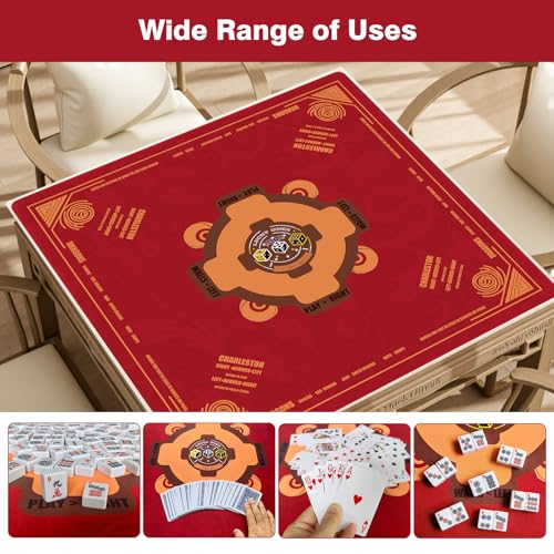 Mahjong Mat (33"x33")- American Mah Jongg Gaming Table Mat with Rules (Red) | Noise Reduction Non-Slip Mahjong Mat for Table with 3 Dice & Carrying Bag, for Mahjong Set/Poker/Card/Dominoes/Board Games - color: Red