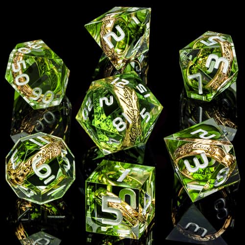 Magic Golden Ring DND Dice Set with Case, Green Resin Sharp Edge D and D Dice for use with D&D Tabletop Games Lord Handmade Polyhedral Dice Set D20 D12 D10 D8 D6 D4 - color: Ring - Green-2