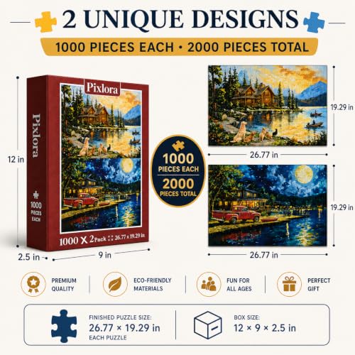 Puzzles for Adults 1000 Pieces, 2 Pack Lake Cabin and Moonlight Jigsaw Puzzles, Night View Theme, Challenging Puzzles for Game Night, Perfect for Nature Lovers - style: Wait&Moonlight