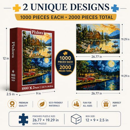 Puzzles for Adults 1000 Pieces, 2 Pack Lake Cabin and Moonlight Jigsaw Puzzles, Night View Theme, Challenging Puzzles for Game Night, Perfect for Nature Lovers - style: Wait&Moonlight