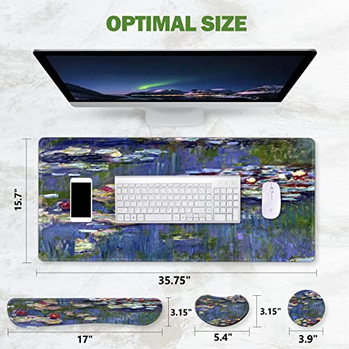 ToLuLu Extended Gaming Mouse Pad, Ergonomic Keyboard Mouse Wrist Rest Set | Large Desk Mat with Stitched Edges, Non-Slip Base Memory Foam Support Mousepad for Home Office Game, Monet Water Lilies - color: Monet Water Lilies