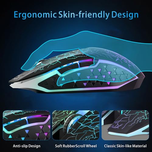 TENMOS M2 Wireless Gaming Mouse, Silent Rechargeable Optical USB Computer Mice Wireless with 7 Color LED Light, Ergonomic Design, 3 Adjustable DPI Compatible with Laptop/PC/Notebook, 6 Buttons (Black) | 2.4GHz Optical, 7 Color LED Lights, Ergonomic, Quiet