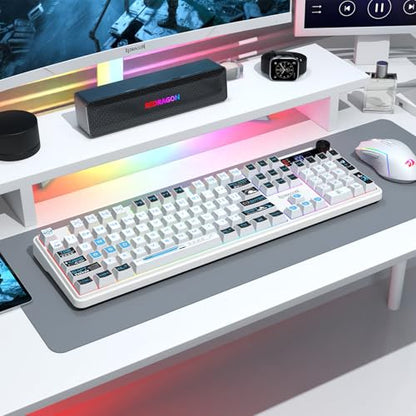 Redragon K526 PRO RGB Wireless Membrane Gaming Keyboard, 104 Keys Mechanical-Feel Keyboard w/LED Info Display, Media/Backlit Knob Control, Smooth Linear Switch & Software Supported - color: White