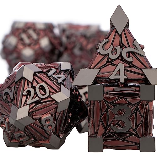 7PCS Metal DND Dice Set with Box, Debris RPG Red D and D Dice for use with D&D Tabletop Games Role Playing Game Polyhedral Dice Set D20 D12 D10 D8 D6 D4 - color: Black Red