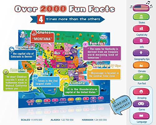 Qiaojoy V2 Interactive Kids Map Bilingual United States Map for Kids Learning, Educational Talking USA Map Poster Geography Games Personalized Kid Toys for Boys & Girls Ages 3-12. - style: USA Map