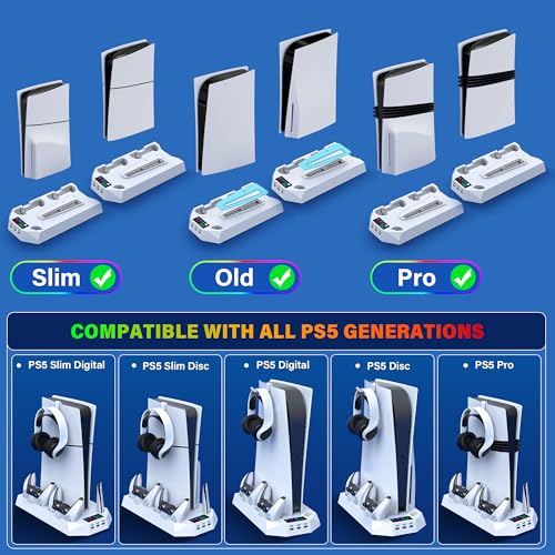 PS5/Slim/Pro Cooling Station with Controller Charging Station for PlayStation 5 Slim/Pro Console, PS5 Cooling Stand Cooler Accessories Incl Cooling Fan, 3 USB Hubs, Headset Holder, Screw - White - color: White
