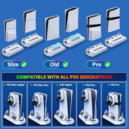 PS5/Slim/Pro Cooling Station with Controller Charging Station for PlayStation 5 Slim/Pro Console, PS5 Cooling Stand Cooler Accessories Incl Cooling Fan, 3 USB Hubs, Headset Holder, Screw - White - color: White