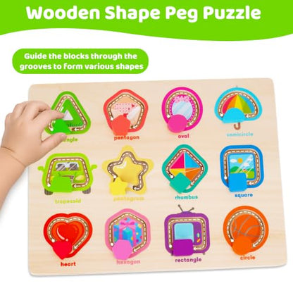 Melofaver Montessori Wooden Movable Color Shape Board Puzzle for Toddlers | Wooden Shape Matching Game, Preschool Educational Learning Toys, Christmas Birthday Gifts for Kids 3 4 5 Years Old Boys Girls