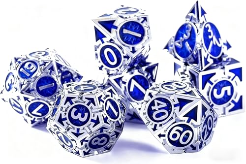 RULE DND Dice Set Metal Blue Solid Weighted D&D Dungeons & Dragons Polyhedral D20 D4 D12 D10 D% D8 D6 with Gift Box - color: Silver-dark Blue