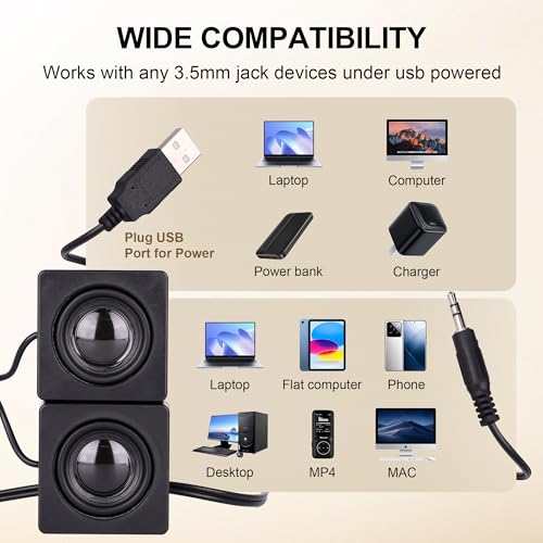 USB Computer Speakers, Mini Desktop Speakers USB Powered 3.5mm TRS Aux Speaker with Volume Control Wheel, for PC,Laptop,Tablet,Phone