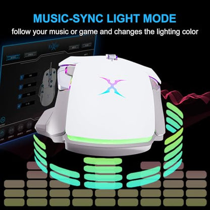 FOXXRAY BM-88 RGB Gaming Mouse, 7200 DPI, Musicsync Backlit, Wired Optical Mouse with 7 Programmable Buttons, 13 Lighting Effects, Braided Cable, Gaming Mouse for PC/Laptop - White