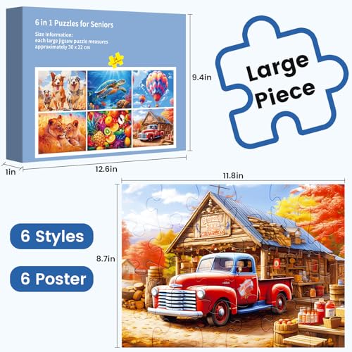 6 Pack 24 Large Piece Puzzle for Seniors Dementia Alzheimer's Products | Dog Turtle Lion Fruit Jigsaw puzzle for Elderly Adults Alzheimer's Easy Puzzles Gift Memory Games for Patients 6 Storage Bag - style: 24 Large Pieces