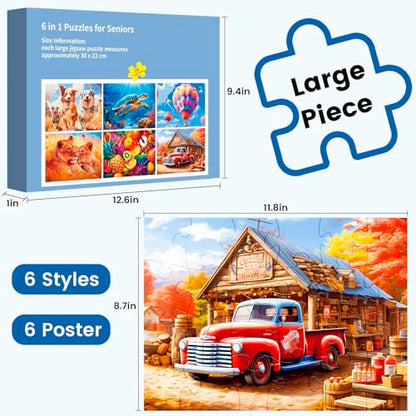 6 Pack 24 Large Piece Puzzle for Seniors Dementia Alzheimer's Products | Dog Turtle Lion Fruit Jigsaw puzzle for Elderly Adults Alzheimer's Easy Puzzles Gift Memory Games for Patients 6 Storage Bag - style: 24 Large Pieces