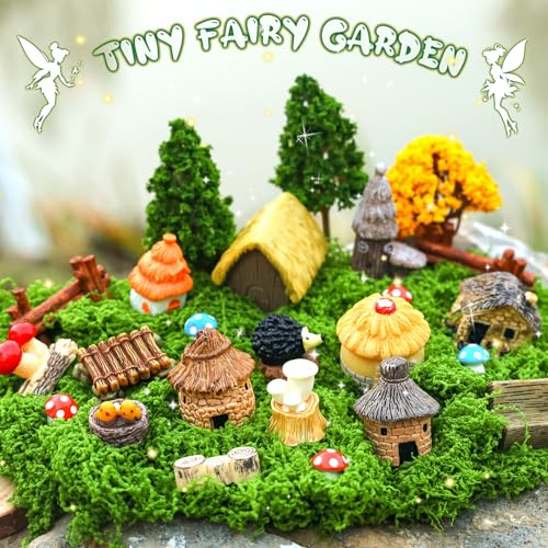 84 Pcs Fairy Garden Accessories, Miniature Village Starter Kit with Moss Model Tree Tiny Resin Animal Figures, DIY Bonsai Micro Landscape Ornament for Terrarium Succulent Dollhouse Craft