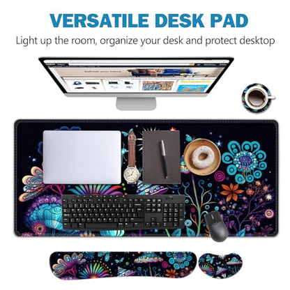 AIMSA Large Gaming Mouse Pad Set, Keyboard Wrist Rest Support+ Extended Mousepad+ Mouse Wrist Cushion+Coaster, Ergonomic Multifunctional Desk Mat 35x15.7in, Colorful Abstract Mushrooms - color: Colorful Abstract Mushrooms