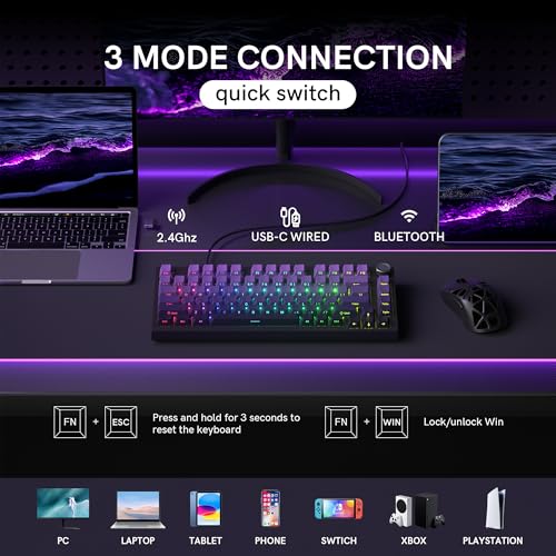 COSTOM WK75 75% Wireless Gaming Mechanical Keyboard Gasket Structure | BT5.0/2.4GHz/USB-C, Hot Swappable Pre-lubed Custom Linear Switches, RGB Backlit Keyboard for PC/Laptop/Xbox/PS4/PS5 (Purple) - color: Purple