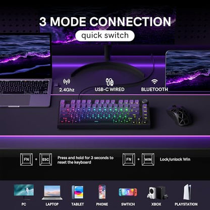 COSTOM WK75 75% Wireless Gaming Mechanical Keyboard Gasket Structure | BT5.0/2.4GHz/USB-C, Hot Swappable Pre-lubed Custom Linear Switches, RGB Backlit Keyboard for PC/Laptop/Xbox/PS4/PS5 (Purple) - color: Purple