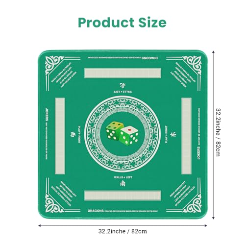 Mahjong Mat with Rules, 32.2 Inch Square Mahjong Mats for Table, Noise Reduction Mah Jong Mat, Rubber Anti-Slip Base for Board Games, Tiles Game & Dominoes Green Dice - color: Green Dice