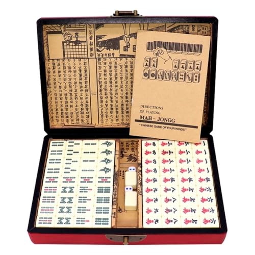 Chinese Mahjong Toy Set, Classic Board Game 144 Tiles Set with a Wooden Box asy-to-Read Game Set Travel Mahjong Set Portable Size and Light Weight