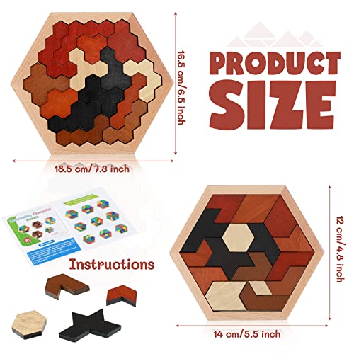 Yunsailing 3 Pack Large Hexagon Tangram Puzzle Wooden Brain Puzzles for Adult Challenge Wood Russian Blocks Brain Teasers Geometric Jigsaw Block Logic Iq Stem Family Graduation Gifts(Vintage) - style: Retro