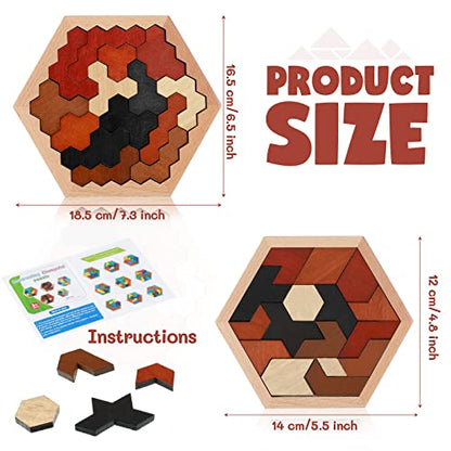 Yunsailing 3 Pack Large Hexagon Tangram Puzzle Wooden Brain Puzzles for Adult Challenge Wood Russian Blocks Brain Teasers Geometric Jigsaw Block Logic Iq Stem Family Graduation Gifts(Vintage) - style: Retro