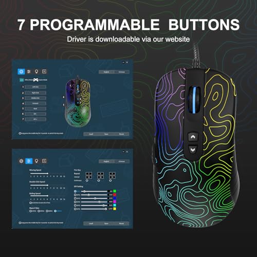 Womier G706 USB Wired Gaming Mouse for PC Computer Windows Mac Laptop, Lightweight Silent RGB Backlit Mouse with Adjustable 12000DPI/7 Programmable Side Buttons,Topographic Theme (Black Topographic) - color: Black Topographic