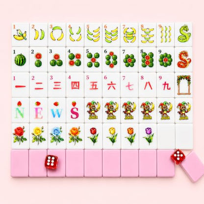 Pink American Mahjong Set, 160 Pink-Back Mah Jongg Tiles, Compact 1.2 x 0.8 x 0.5 in Mahjong Tile Set with Fruit & Floral Designs, Dice, Scoring Chips, Dealer Marker, Rule Cards & Floral Storage Bag