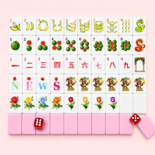 Pink American Mahjong Set, 160 Pink-Back Mah Jongg Tiles, Compact 1.2 x 0.8 x 0.5 in Mahjong Tile Set with Fruit & Floral Designs, Dice, Scoring Chips, Dealer Marker, Rule Cards & Floral Storage Bag