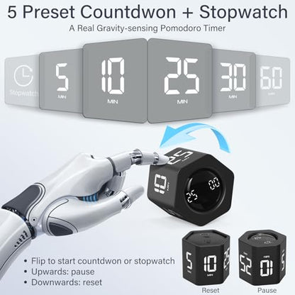 Rotating Pomodoro Timer 5, 25, 10 30,60 Mins Preset Stopwatch, Desk Flip ProductivityTimer, ADHD Tool Hexagon, Vibration/Mute/Alarm, for Work, Study, Back to School, Kitchen, Black - color: Black