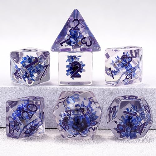 D&D Flower Resin Dice Set, Polyhedral DND D and D Dice Inclusion Dice for Dungeons and Dragons MTG RPG for Ages 15 and Up-Purple - color: Flower-purple