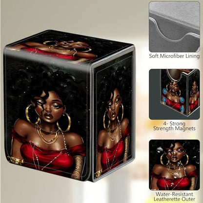 Card Deck Box, Card Storage Box Fits 100+ Single Sleeved Cards, Large Capacity PU Leather Card Storage Box with Strong Magnet for Magic Commander TCG CCG, Beautiful Black Woman - color: Beautiful Black Woman