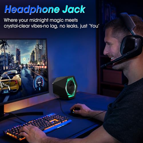 Computer Gaming Speakers, 50W Active Desktop Speakers with Infinity Mirror 3D Tunnel RGB (8 Modes), Bluetooth 5.3, AUX in, Headphone Out & Type-C Input, 3 EQ Modes, AC Powered for PC/Laptop/TV