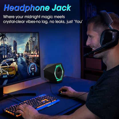 Computer Gaming Speakers, 50W Active Desktop Speakers with Infinity Mirror 3D Tunnel RGB (8 Modes), Bluetooth 5.3, AUX in, Headphone Out & Type-C Input, 3 EQ Modes, AC Powered for PC/Laptop/TV