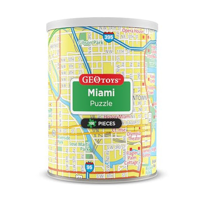 Geotoys Miami Mini City Puzzle - 100 Piece Puzzles for Kids and Adults in Portable Can, 13" x 10" Educational Travel Puzzle for Ages 7 and Up - Mini Puzzles to Learn & Explore Geography - style: Miami