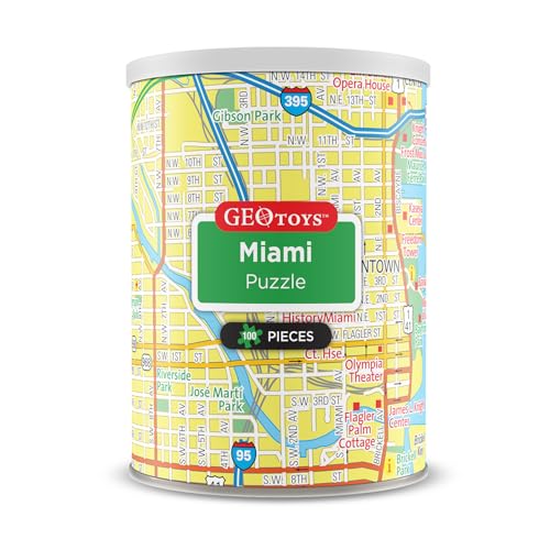 Geotoys Miami Mini City Puzzle - 100 Piece Puzzles for Kids and Adults in Portable Can, 13" x 10" Educational Travel Puzzle for Ages 7 and Up - Mini Puzzles to Learn & Explore Geography - style: Miami
